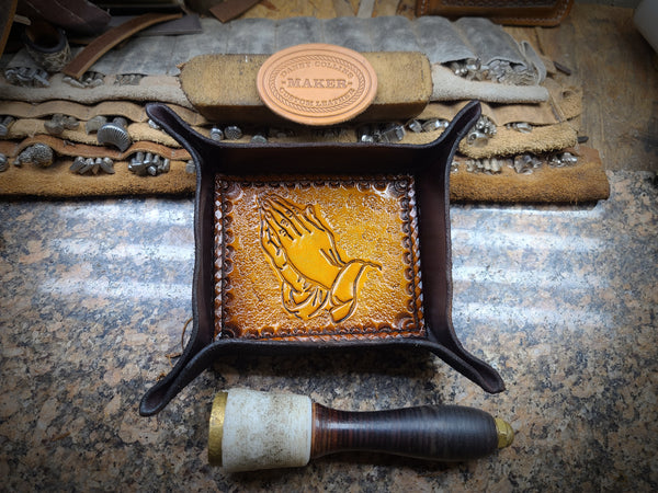 Leather Valet Tray, Tooled leather Catchall, Praying Hands Valet Tray
