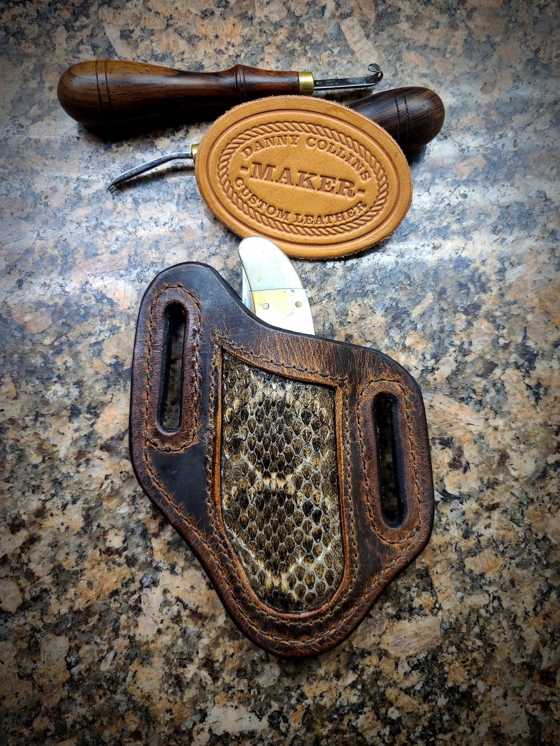 Buffalo Leather Knife Sheath with Rattlesnake Inlay, Case Foiding Hunt