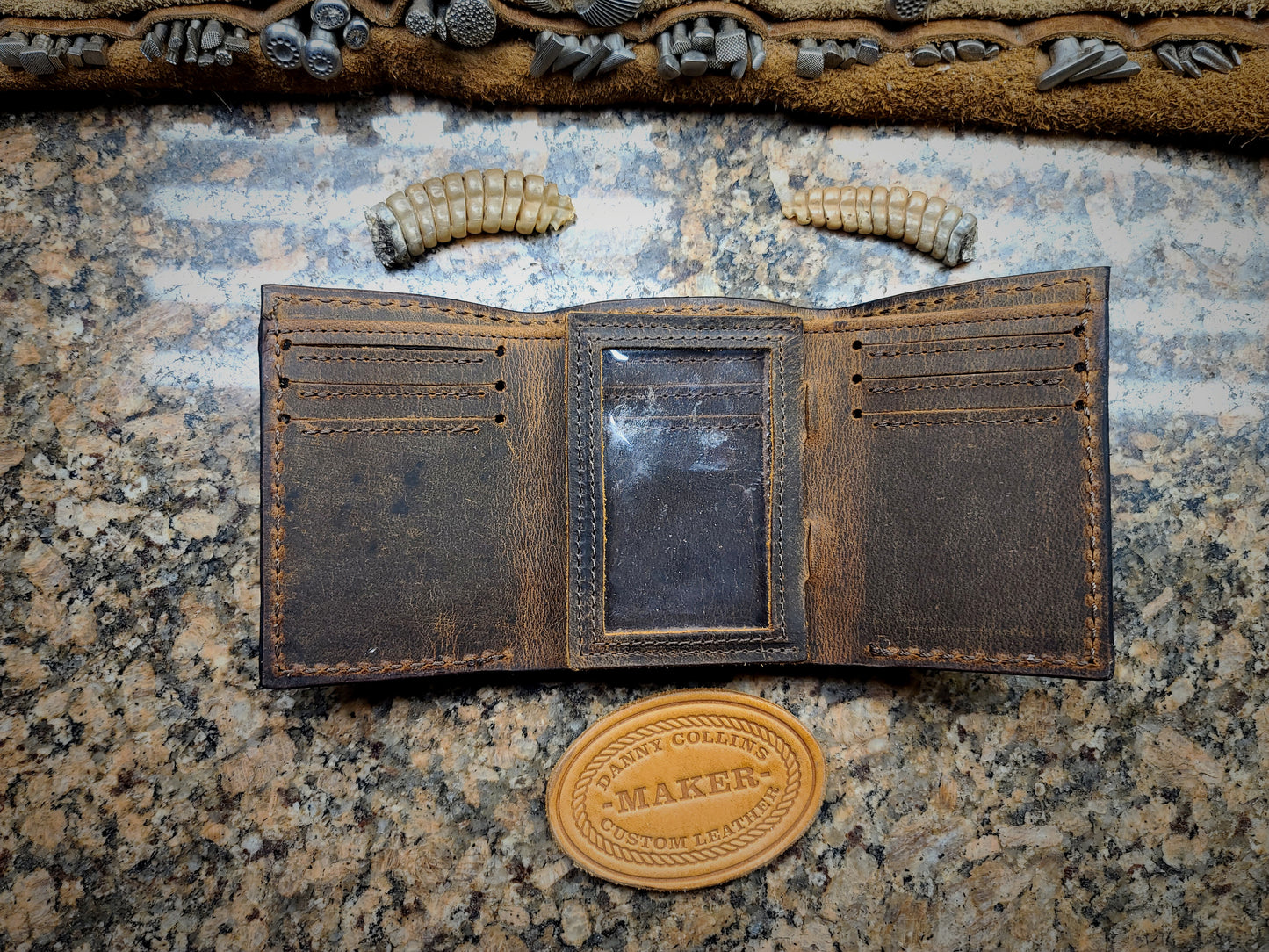 Tri fold wallet with Rattlesnake Inlay, Leather Wallet, Men's Wallet