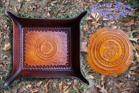 Service Branch Valet Tray, Marine Corps Valet Tray, Leather Valet Tray, Tooled leather Catchall, Tooled Leather Valet Tray