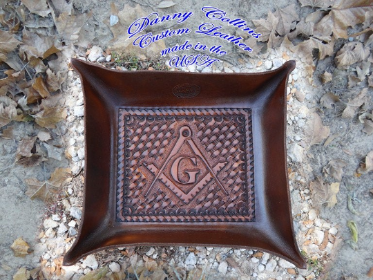 Leather Valet Tray, Tooled leather Catchall, Masonic Valet Tray, Freemason Valet Tray