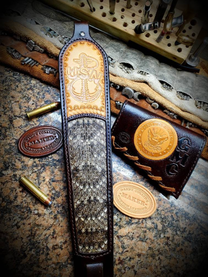 Custom leather rifle slings with tooled upper and rattlesnake inlay ...